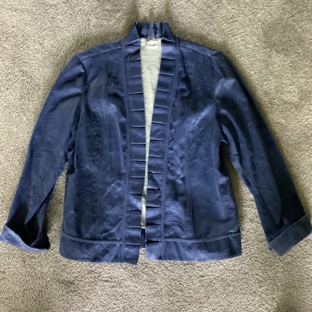 Chico’s Ruffled Jacket Blue Floral Pattern